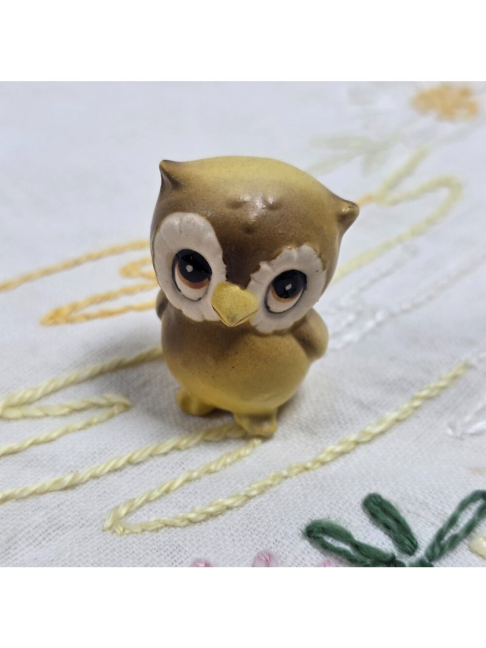 Josef Original Vintage Ceramic Large Eyes Owl Figurines with Japan Foil Sticker